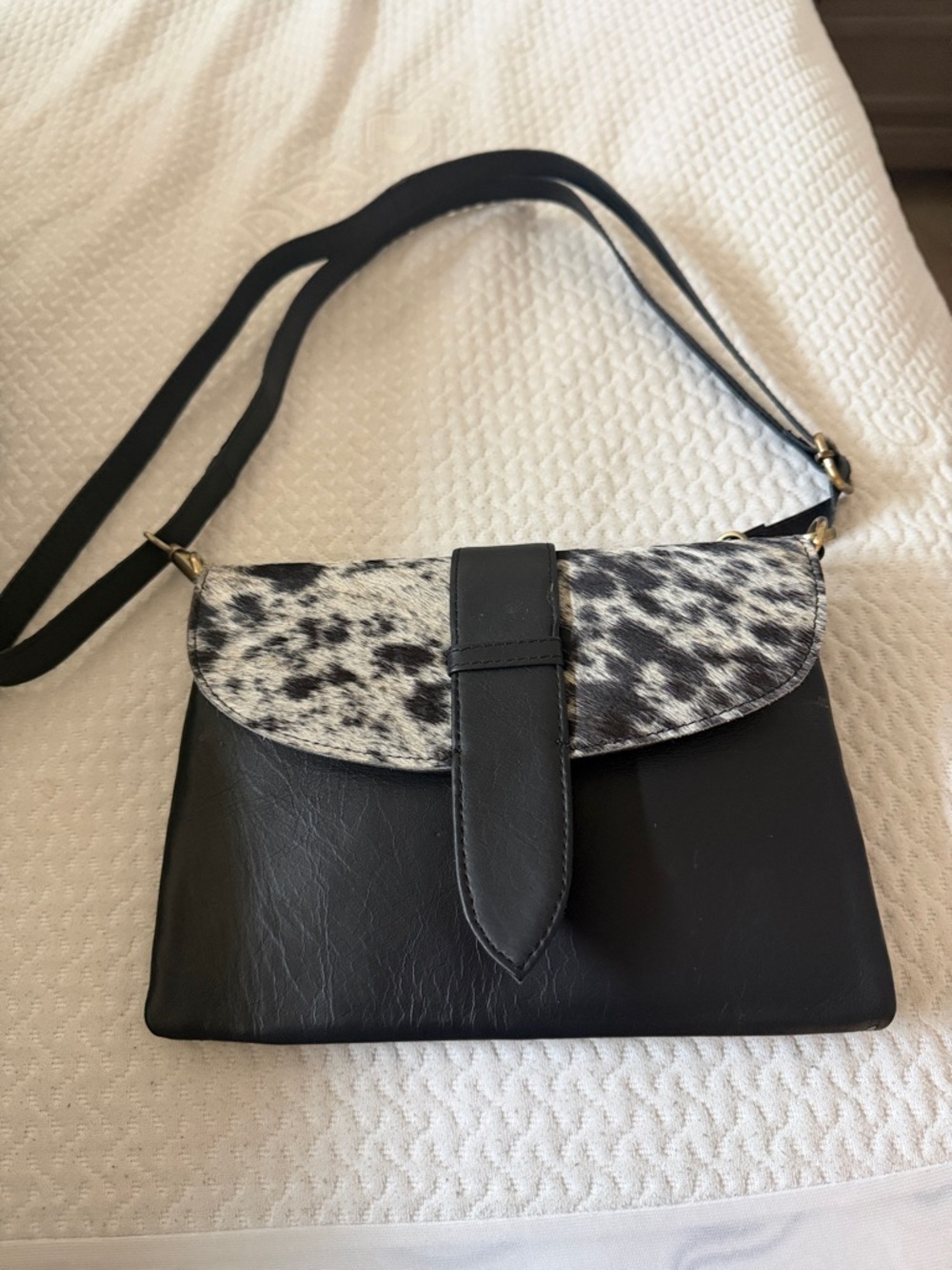 Black Leather Crossbody Bag with Black-and-White Haircalf Flap